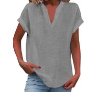 shownicer Camicia Donna Elegante Estiva Manica Corta Camicetta in Lino Cotone Scollo a V Camicia Eleganti Curvy Blusa Magliette Tshirt A Gris Clair S