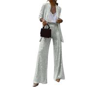 shownicer Completo da Donna in Due Pezzi con Paillettes Elegante Tailleur Pantaloni e Giacca da Completo Blazer a Maniche Lunghe Tuta A Bianco M