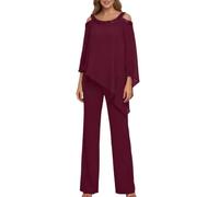 shownicer Completo Donna Elegante Tailleur Eleganti Tuta in Chiffon 2 Pezzi Set Curvy Completo da Cerimonia Madre della Sposa Abiti Taglia Grande A Rosso Scuro 34