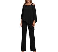 shownicer Completo Donna Elegante Tailleur Eleganti Tuta in Chiffon 2 Pezzi Set Curvy Completo da Cerimonia Madre della Sposa Abiti Taglia Grande A Nero 34