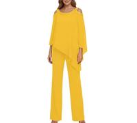shownicer Completo Donna Elegante Tailleur Eleganti Tuta in Chiffon 2 Pezzi Set Curvy Completo da Cerimonia Madre della Sposa Abiti Taglia Grande A Giallo 34