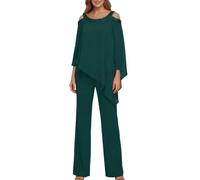shownicer Completo Donna Elegante Tailleur Eleganti Tuta in Chiffon 2 Pezzi Set Curvy Completo da Cerimonia Madre della Sposa Abiti Taglia Grande A Verde Scuro 34