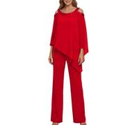 shownicer Completo Donna Elegante Tailleur Eleganti Tuta in Chiffon 2 Pezzi Set Curvy Completo da Cerimonia Madre della Sposa Abiti Taglia Grande A Rosso 34