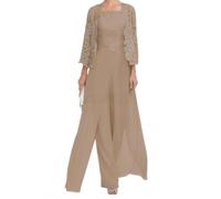 shownicer Completo Donna Elegante Tailleur Madre della Sposa Abiti Pantaloni in Chiffon Completi da Cerimonia Festa Set 3 Pezzi Set Taglia Grande Abbigliamento per Matrimoni A Cachi 48