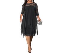 shownicer Donna Pizzo Vestito Elegante 3/4 Maniche Taglie Forti Vestiti da Cerimonia Cocktail Sera Partito Abiti al Ginocchio B Nero XL