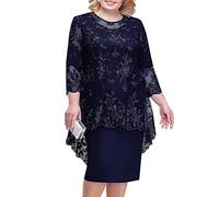 shownicer Donna Pizzo Vestito Elegante 3/4 Maniche Taglie Forti Vestiti da Cerimonia Cocktail Sera Partito Abiti al Ginocchio A Blu Navy XXL