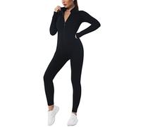 shownicer Donna Tuta Aderente con Maniche Lunghe Pantaloni Siamesi Scollo a V Zip Tutina Sportivo Intero Tinta Unita Sportiva Bodycon One Piece Playsuit Monopezzi Tuta da Yoga B Noir S
