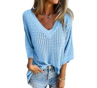 shownicer Maglione da Donna a Maniche Lunghe Sexy Hollow out Crochet Crop Top Maglione Streetwear Sweater Top in Maglia Traforata Clubwear A Blu M