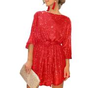 shownicer Paillettes Vestito Donna Elegante Paillettes Manica Lunghe Scollo A V Abito Corto Tinta Unita Mini Vestito da Ballo Formale Soiree Cocktail B Rosso S