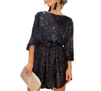 shownicer Paillettes Vestito Donna Elegante Paillettes Manica Lunghe Scollo A V Abito Corto Tinta Unita Mini Vestito da Ballo Formale Soiree Cocktail B Nero S