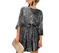 shownicer Paillettes Vestito Donna Elegante Paillettes Manica Lunghe Scollo A V Abito Corto Tinta Unita Mini Vestito da Ballo Formale Soiree Cocktail B Argento S