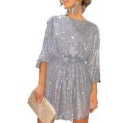 shownicer Paillettes Vestito Donna Elegante Paillettes Manica Lunghe Scollo A V Abito Corto Tinta Unita Mini Vestito da Ballo Formale Soiree Cocktail B Grigio S