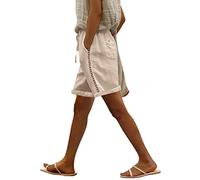 shownicer Pantaloncini Corti Estivi da Donna Bermuda Vita Elastica Pantaloncini in Cotone e Lino Tinta Unita Casual Pantaloni Corti a Gamba Larga per Il Spiaggia A Cachi L