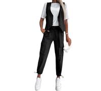 shownicer Tailleur Donna Eleganti Pantaloni e Gilet Curvy Completo Blazer a Senza Maniche 2 Pezzi Tuta Elastici in Vita Set di Abiti in Tinta Unita Pantalone Due Pezzi Suit D Nero XL