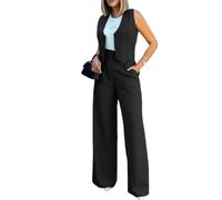 shownicer Tailleur Donna Eleganti Pantaloni e Gilet Curvy Completo Blazer a Senza Maniche 2 Pezzi Tuta Elastici in Vita Set di Abiti in Tinta Unita Pantalone Giacche Due Pezzi Suit A Nero S