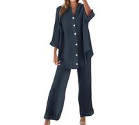 shownicer Tailleur Pantalone da Donna Completo a Due Pezzi Cotone e Lino Camicia Manica Lunga con Bottone e Pantaloni Loungewear Set Abbigliamento da Casa Casuale A Grigio Scuro XL