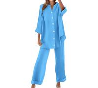 shownicer Tailleur Pantalone da Donna Completo a Due Pezzi Cotone e Lino Camicia Manica Lunga con Bottone e Pantaloni Loungewear Set Abbigliamento da Casa Casuale A Blu Chiaro XS