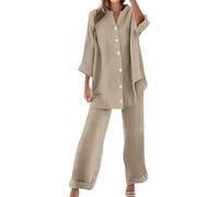 shownicer Tailleur Pantalone da Donna Completo a Due Pezzi Cotone e Lino Camicia Manica Lunga con Bottone e Pantaloni Loungewear Set Abbigliamento da Casa Casuale A Cachi XL