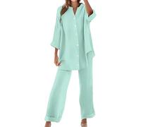 shownicer Tailleur Pantalone da Donna Completo a Due Pezzi Cotone e Lino Camicia Manica Lunga con Bottone e Pantaloni Loungewear Set Abbigliamento da Casa Casuale A Verde XXL