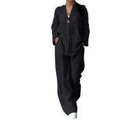 shownicer Tailleur Pantalone da Donna Completo a Due Pezzi Cotone e Lino Camicia Manica Lunga con Bottone e Pantaloni Loungewear Set A Nero XS