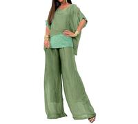 shownicer Tuta Donna Due Pezzi Chiffon Camicia Tulle Pantaloni Cena Partito Suit Elegante Vita Alta Pantalone Cocktail Party Completo A Verde XXL