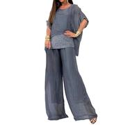 shownicer Tuta Donna Due Pezzi Chiffon Camicia Tulle Pantaloni Cena Partito Suit Elegante Vita Alta Pantalone Cocktail Party Completo A Grigio M