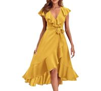 shownicer Vestiti Donna Elegante Vestiti con Spacco Estivi Vestito al Ginocchio Scollo a V Manica Corta Abito Casual Vestiti da Sera Cerimonia Cocktail A Giallo S