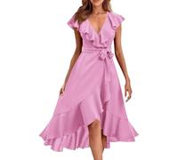 shownicer Vestiti Donna Elegante Vestiti con Spacco Estivi Vestito al Ginocchio Scollo a V Manica Corta Abito Casual Vestiti da Sera Cerimonia Cocktail A Rosa2 XL