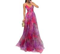 shownicer Vestito Donna Elegante Abito Cerimonia Vestito Lungo Estivi Scollo a V Senza Maniche Vestiti Stampa Floreale A Rosa XL