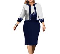 shownicer Vestito Due Pezzi Donna Elegante Bodycon Vestiti Maniche 3/4 Stampe Abiti al Ginocchio Taglie Forti Vestiti da Festa Cerimonia Cocktail A Blu XL