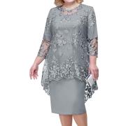 shownicer Vestito Due Pezzi Donna Elegante Ricami Pizzo Vestiti Manica 3/4 Taglie Forti Vestito da Sera Cerimonia Cocktail Abiti al Ginocchio A Grigio 3XL