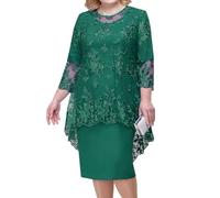 shownicer Vestito Due Pezzi Donna Elegante Ricami Pizzo Vestiti Manica 3/4 Taglie Forti Vestito da Sera Cerimonia Cocktail Abiti al Ginocchio A Verde XXL