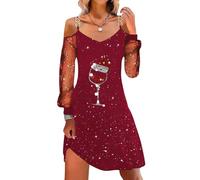 shownicer Vestito Natale Donna Abito con Natalizio Stampa Elegante Manica Lunga Vestiti al Ginocchio Autunno Inverno Abiti Natalizio da Party Festa Cocktail Vestito Abito da Sera D Rosso M