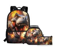 Showudesigns Set 3 in 1 con zaino per la scuola e portapranzo per ragazze e ragazzi, con astuccio per matite, Dinosauro Fiamma, Taglia unica