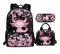 Showudesigns Zaino per la scuola 7-8 9-10 10-15 borsa per la scuola per bambini Lunch Box Astuccio, Axolotl ai fiori di ciliegio, Taglia unica