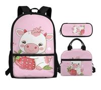 Showudesigns Zaino per la scuola 7-8 9-10 10-15 borsa per la scuola per bambini Lunch Box Astuccio, Mucca fragola, Taglia unica