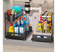 SHOWY SKY Confezione da 2 organizer da cucina sotto il lavello, 2 ripiani regolabili in altezza, in metallo, estraibile, per cucina e bagno, con ganci e tazza per appendere i prodotti per la pulizia