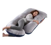 ShowyLive Cuscino per gravidanza, 145 x 70 cm, a forma di J, per il corpo della gravidanza, per dormire con fodera rimovibile e lavabile, per dormire e mangiare (grigio + blu, velluto)
