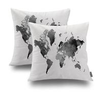 Shrahala Set di 2 federe decorative con mappa del mondo grigio e nero, motivo geografico, in misto lino, per camera da letto, soggiorno, 40,6 x 40,6 cm