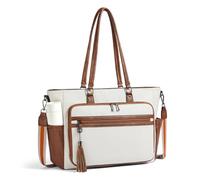 Shrrie Borsa a tracolla per computer portatile da 15,6 pollici, grande, in pelle, con tracolla staccabile, Beige Con Marrone, 19.29" × 6.69" × 12.60"
