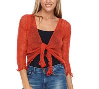 Shu-Shi - Cardigan da donna in maglia leggera trasparente, aperto sul davanti, a legare, Arancione bruciato., Taglia Unica