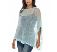 Shu-Shi - Poncho da donna in maglia leggera trasparente, asimmetrico, con ruches, avvolgente, elegante, per l'estate, scialle, top, Menta, One Size