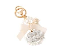 Shuade Elegante ciondolo a forma di labbro con fiocco e strass, in lega, decorazione per borse, zaini, chiavi, portachiavi, bianco, Taglia unica