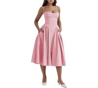 Shuanghao Abito Elegante Cerimonia Lungo Donna Estivo Sexy Spaghetti Senza Maniche Scollo Quadrato Abiti Estivi Vestito Vita Alta Linea A Swing Midi Vestito Cocktail da Mare con Tasche Rosa L