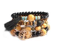 SHUBEIEUMI 4 Sets Braccialetti Perline, Braccialetti con Perline di legno con Nappe, Braccialetti in Stile Bohémien con Perline per Donne, Braccialetto multistrato di Legno Perline-Nero