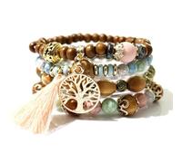 SHUBEIEUMI 4 Sets Braccialetti Perline, Braccialetti con Perline di legno con Nappe, Braccialetti in Stile Bohémien con Perline per Donne-Colore Chiaro Misto