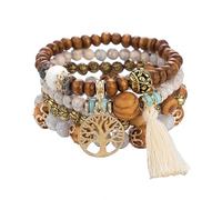 SHUBEIEUMI 4 Sets Braccialetti Perline, Braccialetti con Perline di legno con Nappe, Braccialetti in Stile Bohémien con Perline per Donne, Bracciale Portafortuna Idee Regalo
