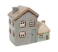 Shudehill Giftware Portacandela a forma di due case, Portacandele a 2 casette, 17 x 21 x 10 cm, Ceramica, Grigio/Acqua, Festa di Diwali