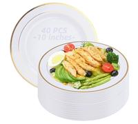 SHUESS Confezione da 40 eleganti piatti piani in plastica bianca con bordo dorato, piatti rotondi in plastica da 25 cm, riutilizzabili, robusti piatti per feste per matrimoni, feste, catering e picnic