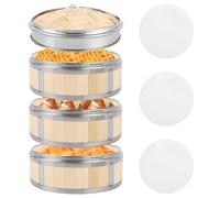 SHUESS Pentola a vapore in bambù, 3 pezzi, con coperchio, Ø 20 cm, in bambù, con base in silicone, impilabile in bambù per verdure, Dumplings Dim Sum Riso, set di cesti a vapore